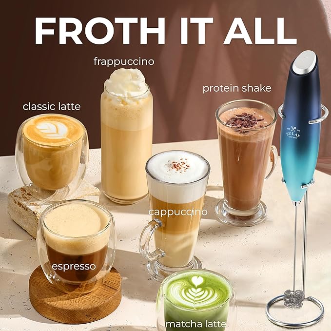 Zulay Kitchen Patented Tornado Triple Whisk Milk Frother with 4 Duracell Batteries – Handheld Foam Maker for Coffee, Lattes, Matcha & Hot Chocolate – Rich, Creamy Froth in Seconds - Sea Depth - Image 5