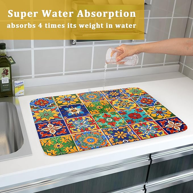 Mexican Tiles Dish Drying Mat for Kitchen Counter Absorbent Microfiber Dish Drying Pad Kitchen Gadgets Multi-use - Image 7