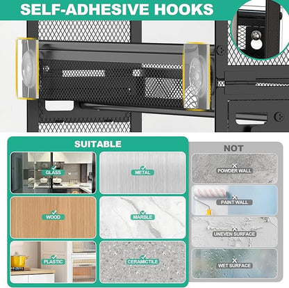 Docnest 3 Tier Wall Mounted Spice Rack with 9 Hooks-2 Installation Ways (Screw/Adhesive), Space-Saving Metal Spice Shelf for Jars & Seasonings, Hanging Organizer for Kitchen, Pantry, Home Decor, Black