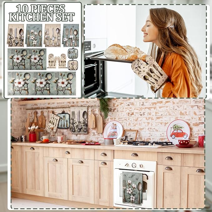 Fourluoo 10 Pcs Farmhouse Kitchen Decor and Accessories Set 4 Kitchen Towels 2 Pot Holders 2 Oven Mitts 2 Rugs for Cooking Baking Mom Housewarming Gifts(Soft Color,Elegant Style) - Image 2