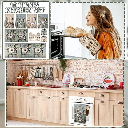 Fourluoo 10 Pcs Farmhouse Kitchen Decor and Accessories Set 4 Kitchen Towels 2 Pot Holders 2 Oven Mitts 2 Rugs for Cooking Baking Mom Housewarming Gifts(Soft Color,Elegant Style) - Image 2