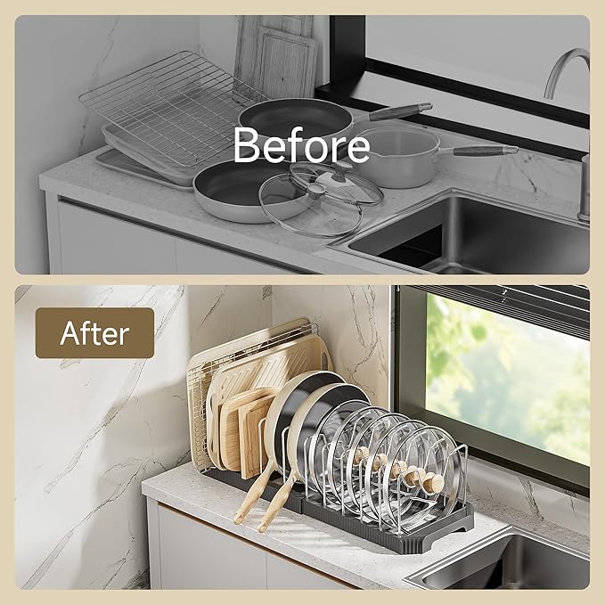 MUDEELA Pot Lid Organizer Rack for Cabinet, Expandable Pots and Pans Organizer under Cabinet with 12 Adjustable Dividers, Pan Organizers Holder inside Cabinet for Cutting Boards, Baking Sheets, Black - Image 5