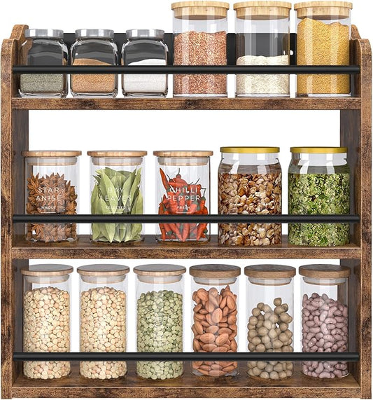 Spice Rack Wall Mounted, Wood 3 Tier Spice Rack for Countertop, Vertical Spice Organizer for Spice Jars and Seasonings, Hanging Spice Shelf for Kitchen Cabinet, or Pantry, Rustic Brown by BCOZLUX