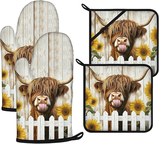 Sunflower Highland Cow Oven Mitts and Pot Holders Sets 4Pcs,Extra Long Oven Gloves Potholder for Kitchen Cooking Baking BBQ 100% Cotton Heat Resistant by VisittheDuibelproduct