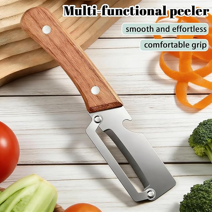 Zero Snag Wooden Peeler, 2-in-1 Multifunctional vegetable peeler, Stainless Steel Sharp Blades with Bottle Opener (2PCS)