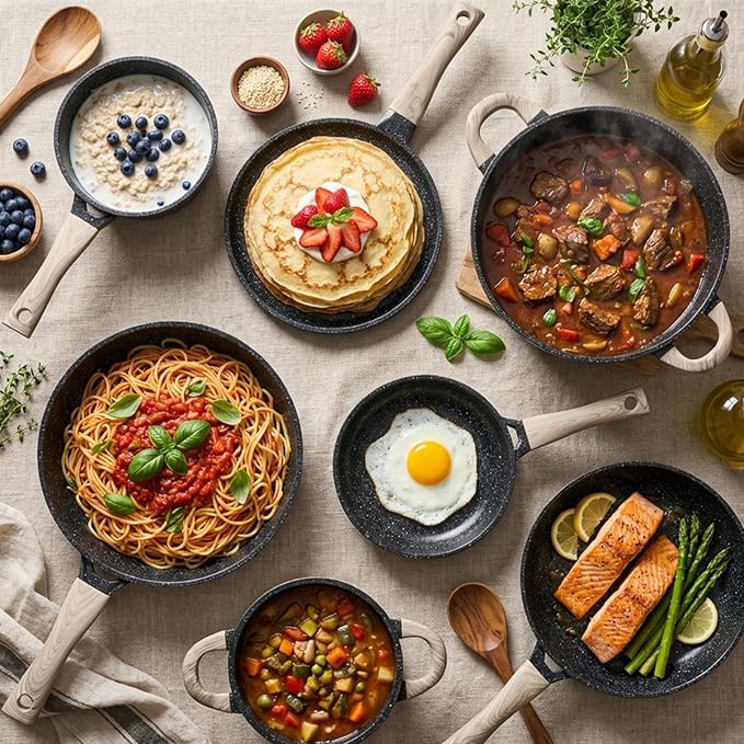 Pots and Pans Set Nonstick 22 Pcs, Ceramic cookware set Non-Toxic Coating Inky Granite Kitchen Cookware Set, Induction Kitchen Cooking Set w/Frying Pans, Saucepans & Glass Lids, PFOS & PFOA Free - Image 8