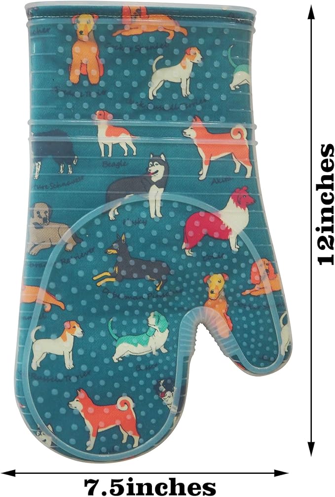 Oven Mitts Set of 2 with Transparent Clear Silicone Shell and Nice Dog Printing Cotton Lining, Heat Resistant to 500 F Kitchen Oven Gloves Pot Holder for Cooking (Blue) - Image 2