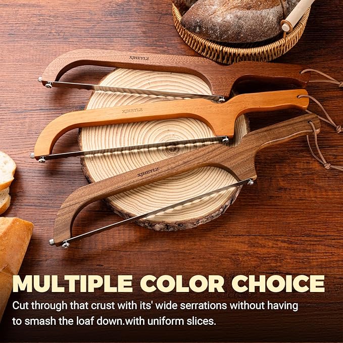 Sourdough bread knife,Bread Slicer for Homemade Bread,Adjustable blade tightness for Even Slicing, Serrated knife,Wooden Bread cutter with Bow Design (3, Red-brown color)
