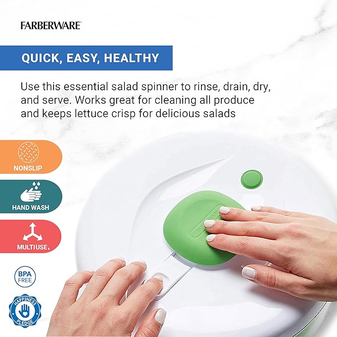 Farberware Easy to use pro Pump Spinner with Bowl, Colander and Built in draining System for Fresh, Crisp, Clean Salad and Produce, 6.6 quart, Green - Image 2
