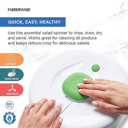 Farberware Easy to use pro Pump Spinner with Bowl, Colander and Built in draining System for Fresh, Crisp, Clean Salad and Produce, 6.6 quart, Green - Image 2