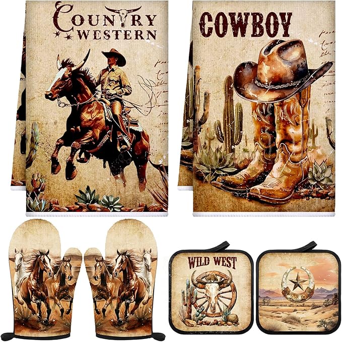 Leinuosen 6 Western Cowboy Kitchen Towels Kitchen Decor and Accessories Set Floral Plant Oven Mitts and Pot Holders Sets Farmhouse Absorbent Dish Towels for Cooking Baking Grilling by Leinuosen