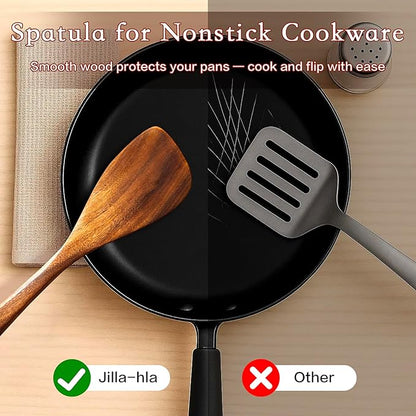 Jilla-hla Wooden Spatula Nonstick Turner Acacia Wood, Left Long Handle Flat Frying Spatulas Handmade for Kitchen Gifts, Ideal Cookware Utensils for Cooking Eggs, Fish, Pancakes - Image 4