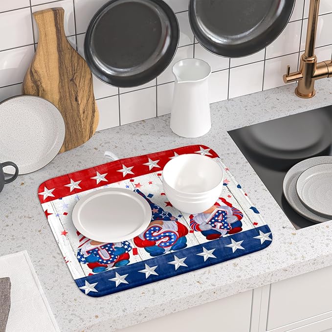 Giwawa 4th of July Gnomes Dish Drying Mat 16x18 inch Patriotic Elf Usa Stars Dish Drainer Mats Independece Day Small Microfiber Dish Drying Pad for Kitchen Countertop Holiday Decor