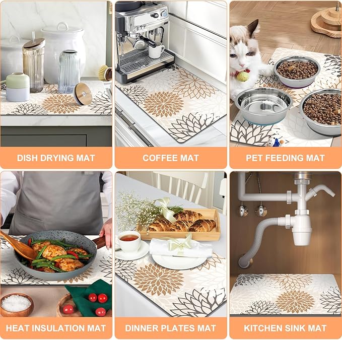 Findosom 2PCS 16" x 24" Dish Drying Mat & 24" x 5.5" Sink Splash Guard, Super Absorbent & Cuttable Dish Mat Drying Kitchen Mat with Brown Floral, Hide Stain Drying Mat for Kitchen Counter - Image 6
