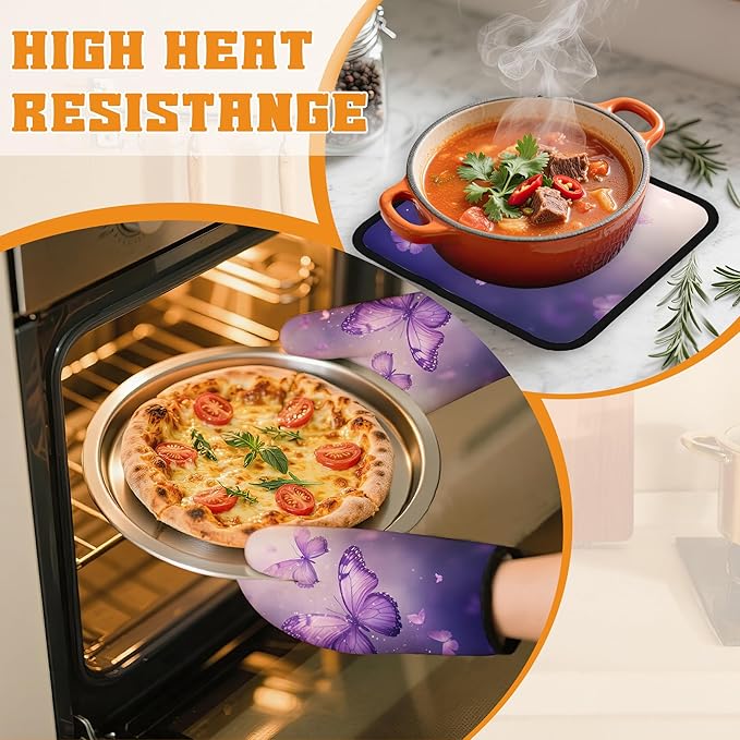 Purple Butterfly Oven Mitts and Pot Holders Set,Sparkling Kitchen Oven Gloves and Pot Holder with Heat Resistant Non Slip for Cooking Baking Grilling(4 Piece Set)