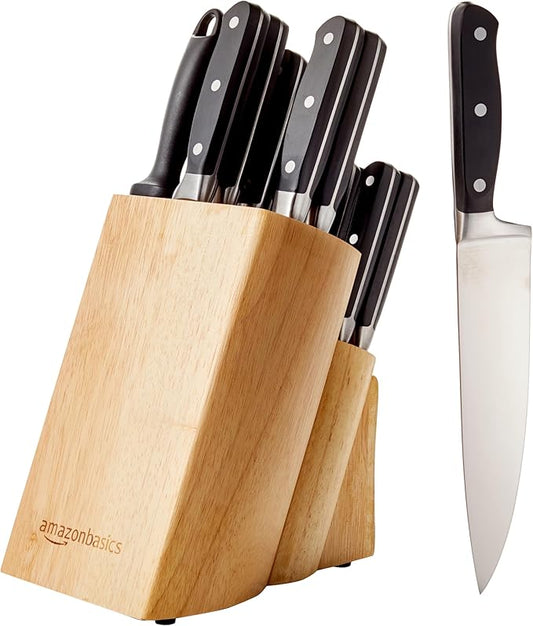 Amazon Basics 18-Piece Premium High-Carbon Stainless Steel Kitchen Knife Set with Built-in Sharpener, Ergonomic Handles, Pine Wood Block, Black