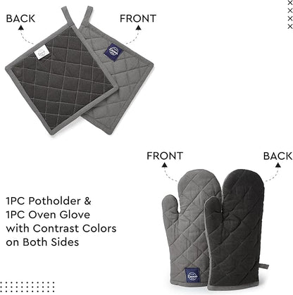 Encasa XO Heat Resistant 100% Cotton Oven Glove & Potholder Set with Loop, Kitchen Cooking Mittens, Microwave Safe Hot Pads (Grey)
