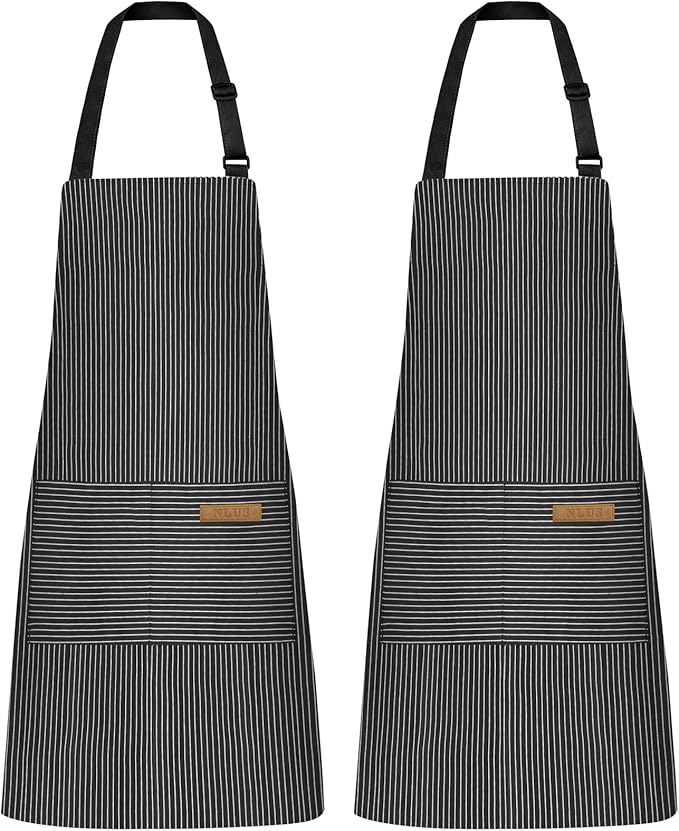 NLUS 2 Pack Kitchen Cooking Aprons, Adjustable Bib Soft Chef Apron with 2 Pockets for Men Women (Black Pinstripes) by NLUS