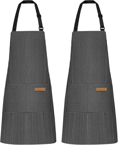 NLUS 2 Pack Kitchen Cooking Aprons, Adjustable Bib Soft Chef Apron with 2 Pockets for Men Women (Black Pinstripes) by NLUS