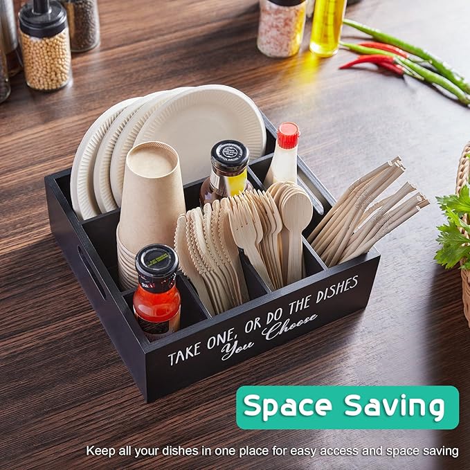 ALELION Paper Plate Dispenser for Countertop - Wooden Utensil Holder Organizer for Party - Silverware Caddy for Plate, Cup, Fork, Spoon - Cutlery Holder with Handles for Kitchen Camping Buffet - Image 5