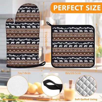 Vintage Rustic Bear Oven Mitts and Pot Holders Sets 4Pcs,Extra Long Oven Gloves Potholder for Kitchen Cooking Baking BBQ 100% Cotton Heat Resistant - Image 2