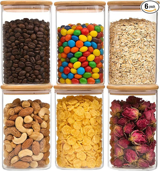 Moretoes 6 Pack 1.2qt Square Glass Storage Containers with Bamboo Press Lids, Airtight Pantry Storage Jars for Flour, Sugar, Dry Goods