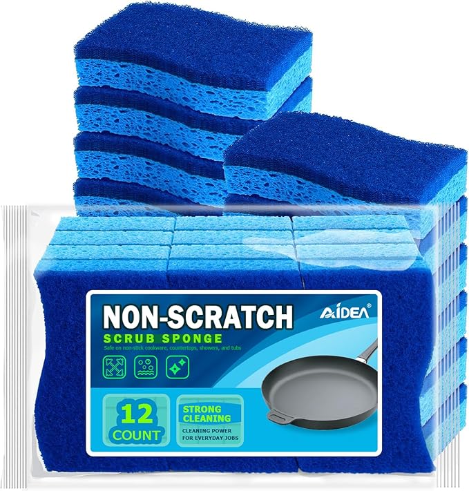 AIDEA Sponges Kitchen, Non Scratch Scrub Sponge, 12Count, Sponges for Non Stick Cookware, Cleaning Sponge for Dishes, Cleans Fast Without Scratching, Cleaning Power for Kitchen, Bathroom, Household by AIDEAHOME