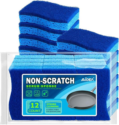 AIDEA Sponges Kitchen, Non Scratch Scrub Sponge, 12Count, Sponges for Non Stick Cookware, Cleaning Sponge for Dishes, Cleans Fast Without Scratching, Cleaning Power for Kitchen, Bathroom, Household by AIDEAHOME