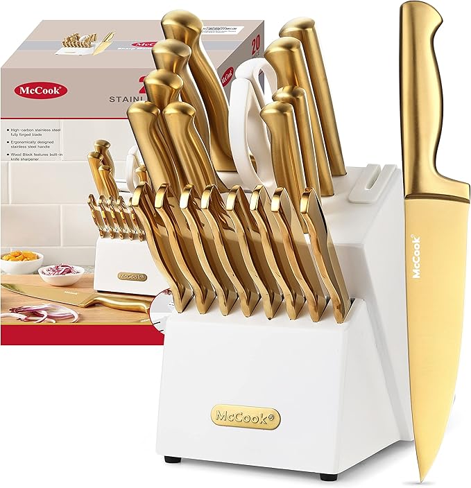 McCook® Kitchen Knife Sets, Golden Titanium Stainless Steel Knives Block Set with Built-in Sharpener by McCook