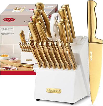 McCook® Kitchen Knife Sets, Golden Titanium Stainless Steel Knives Block Set with Built-in Sharpener by McCook
