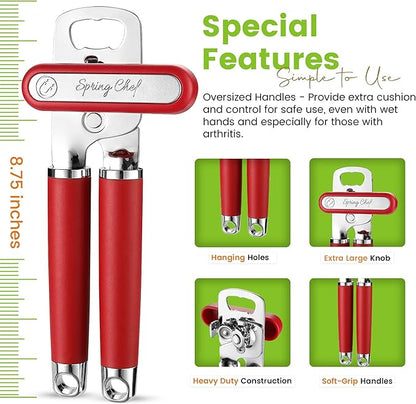 Spring Chef Stainless Steel Can Opener - Manual with Soft Grip Handles, Easy Turn, Heavy Duty Hand Can Opener for Seniors with Smooth Edge - Red - Image 3