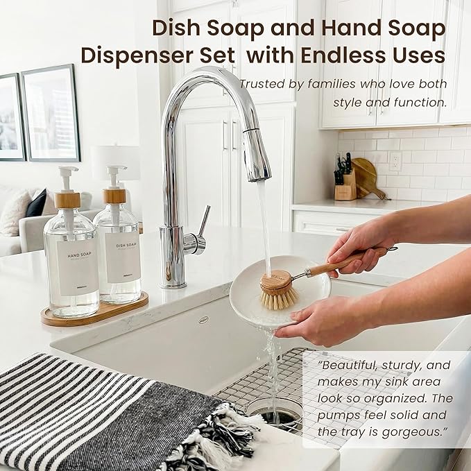MaisoNovo Glass Dish Soap Dispenser for Kitchen Set of 2-16.9oz Clear Dish and Hand Soap Dispenser Set for Kitchen - Clear Glass Bottles x 2 with White Bamboo Pumps & Tray