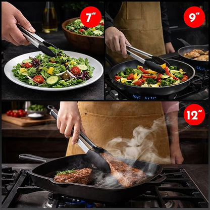 Kitchen Tongs with Silicone Tips Set of 3 Heat Resistant Tongs for Serving Food, 7-Inch, 9-Inch, 12-Inch Locking Silicone Tongs for Cooking, Salad Tong, Black Kitchen Utensils - Image 7