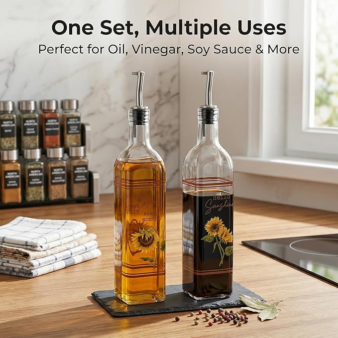 Topadorn 17 oz Olive Oil Dispenser Bottle Set for Kitchen, 2 Pcs Glass Oil Dispenser Bottle with Stainless Steel Pourers, 2 Packs of Napkins, Sunflower