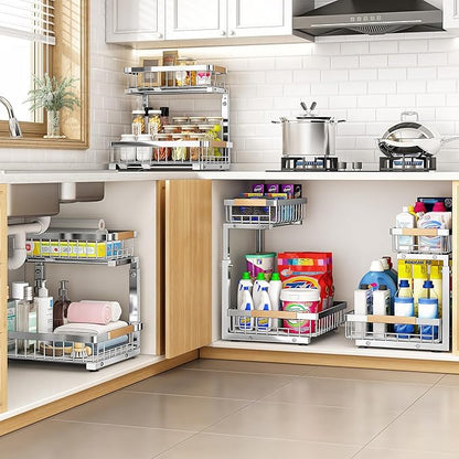 PXRACK Under Sink Organizer, Adjustable Height, 2 Tier Pull Out Cabinet Organizer, Slide Out Thickened Metal Storage for Kitchen Bathroom Laundry Pantry Cabinet, Stainless Steel, Silver, Large-1-Pack - Image 7