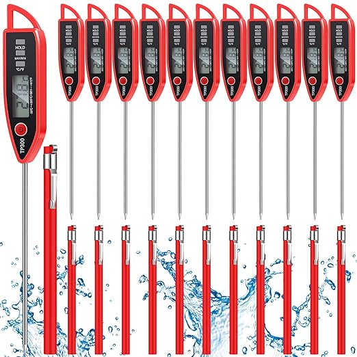 Copkim 12 Set Waterproof Food Thermometer for Water, Liquid, Candle and Cooking Digital Meat Thermometer with Long Probe Instant Read for Kitchen BBQ Grill Candy (Red)