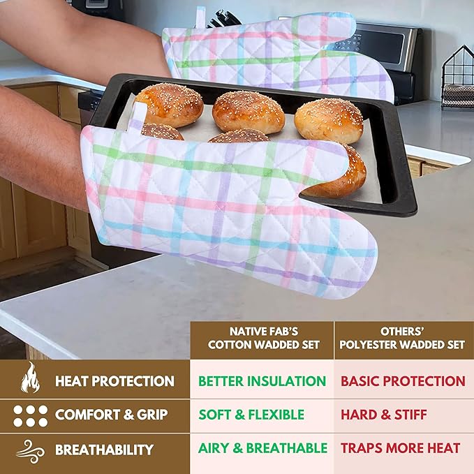 Native Fab 4 Piece Set - 2 Oven Mitts & 2 Potholders, Heat Resistant, 100% Cotton, Quilted Design, Non-Slip Grip, Ideal for Baking, Cooking, BBQ, Kitchen Protection, Multi-Color Checks - Image 3