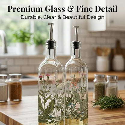 Topadorn 17 oz Olive Oil Dispenser Bottle Set for Kitchen, 2 Pcs Glass Oil Dispenser Bottle with Stainless Steel Pourers, 2 Packs of Napkins, Green Flowers
