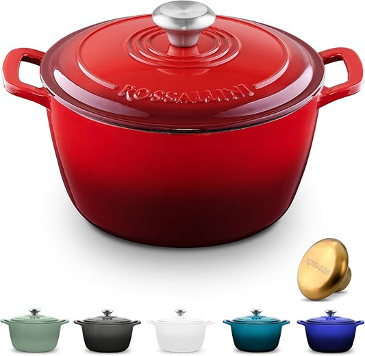 ROSSALLINI Signature Enameled Cast Iron Dutch Oven, Non-Stick Serving Pot with Tight Fitting Lid for Perfect Roasting, Baking, Sauteing, and Bread Making | 2Q (1.9L) - Red
