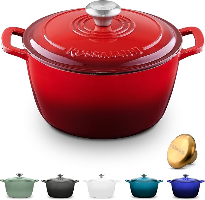 ROSSALLINI Signature Enameled Cast Iron Dutch Oven, Non-Stick Serving Pot with Tight Fitting Lid for Perfect Roasting, Baking, Sauteing, and Bread Making | 3.5Q (3.3L) - Red