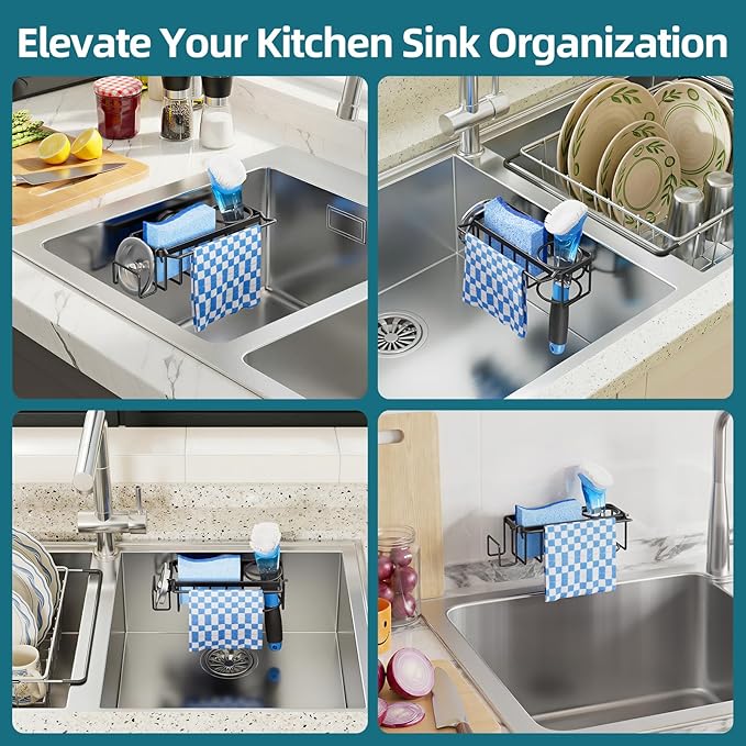 TAILI 4-in-1 Sink Caddy with Strong Suction Cup, Sponge Holder for Kitchen Sink Organizer, Removable, Rustproof, Stainless Steel Holder for Sponge, Brush, Scrubber, Scraper - Black - Image 7