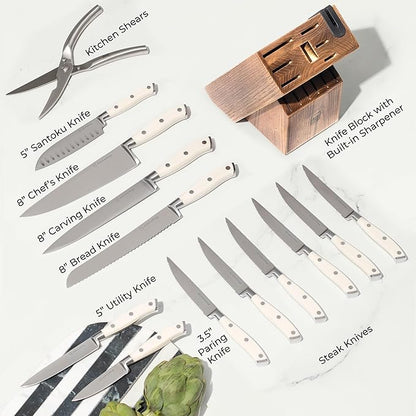 White Knife Set with Block – 14-Piece Forged Stainless Steel Knives with Triple Rivet Handles, Heavy-Duty Kitchen Shears, and Self-Sharpening Knife Block – Durable White Kitchen Accessories