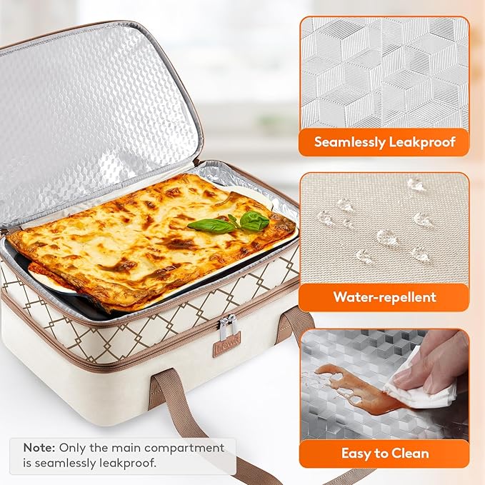 Lifewit Insulated Double Decker Casserole Carrier, Lasagna Lugger Holder for Hot or Cold Food, Fits 9" x 13" Baking Dish, Thermal Lunch Tote Bag for Potluck Parties, Picnic and Cookouts, Cream