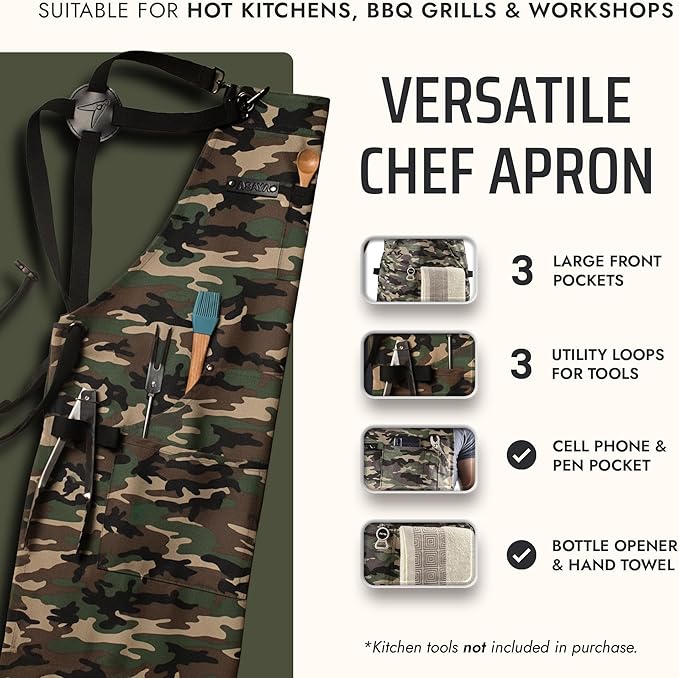 Asaya Chef and BBQ Apron with Bottle Opener and Hand Towel - 10oz Cotton Canvas, Stainless Steel Hardware - Cross Back Straps - Image 2