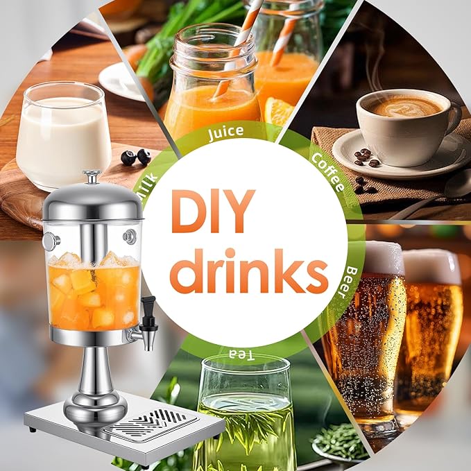 2.11 Gallon Beverage Dispenser,Silver Stainless Steel Juice Drink Dispensers with Ice Core, Leak-proof Spigot and Detachable Drip Tray for Parties, Weddings & Outdoor (silver, 2.11 Gallon)