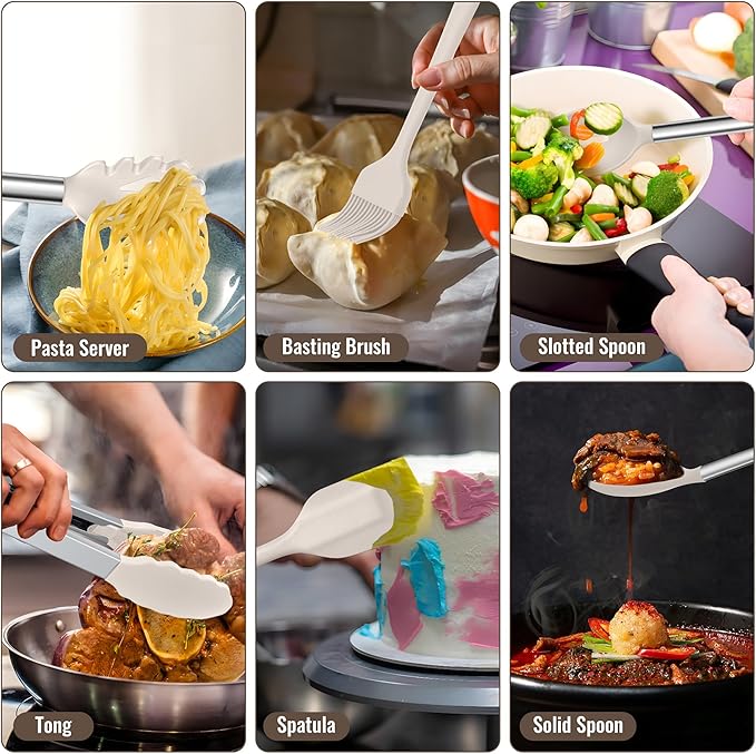 E-far 14 Pieces Silicone Cooking Utensils Set, Kitchen Utensils Set with Holder, Spatula, Ladle, Spoon, Tong, Slotted Turner for Nonstick Cookware, Heat Resistant & Stainless Steel Handle, Khaki - Image 6