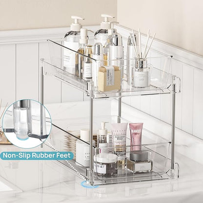 Vtopmart 2 Tier Bathroom Storage Organizer, 2 Pack Clear Under Sink Organizers Vanity Counter Container, Cabinet Drawers Bins, Pull-Out Organization with Track for Pantry, Kitchen - Image 5