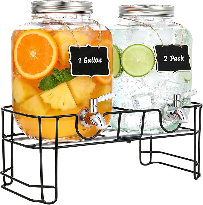 1 Gallon Glass Beverage Dispenser, 2 Pack Glass Drink Dispensers for ies with Stand, Lid&Stainless Steel Spigot, Lemonade Dispenser With Ice Cylinder for Weddings, Sun Tea Jar, Juice Dispensers by Goldfishwa