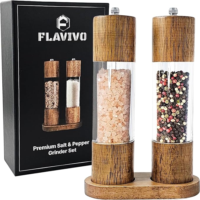 Wooden Salt and Pepper Grinder Set, Manual Premium Acrylic Salt and pepper Mills with Adjustable Ceramic Core and Wooden Stand, 8-Inch Refillable Giftable Shakers (2 Pieces with Tray) by FLAVIVO