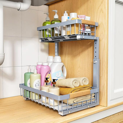 PXRACK Under Sink Organizer, Adjustable Height, 2 Tier Pull Out Under Cabinet Organizer, Slide Out Thickened Metal Under Sink Storage for Kitchen Bathroom Laundry Pantry Cabinet, Grey, Large-1-Pack by PXRACK